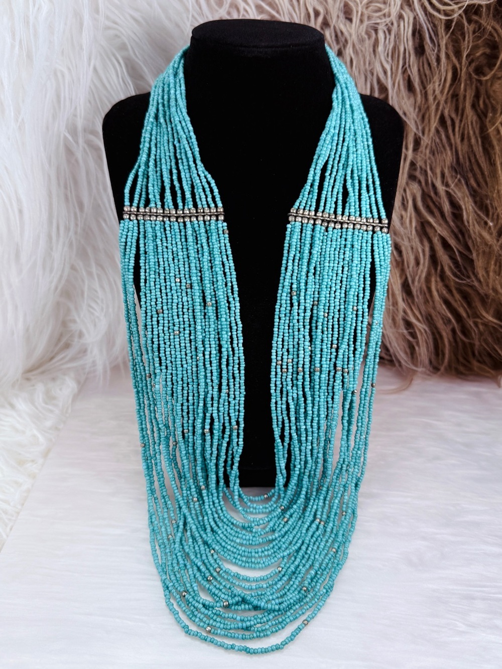 Vintage Turquoise Blue Multi Strand Seed Bead Statement Necklace Southwest Boho